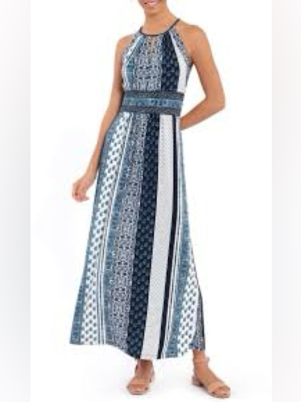London Style Navy and White Patterned Halter Maxi Dress